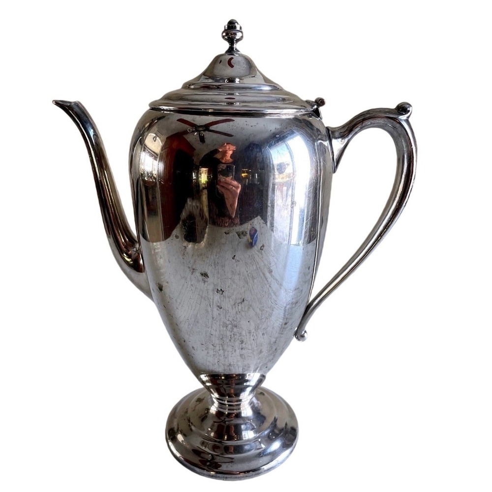 Antique Silver Plate over Copper Tea Pot Pitcher Hallmark Maker's Mark 11 Inch